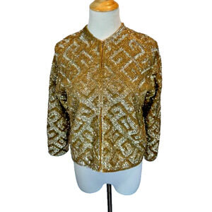 Laura Aponte Vtg 60s Italian Gold Sequined Cardigan Cropped Lined Size 38 Beaded